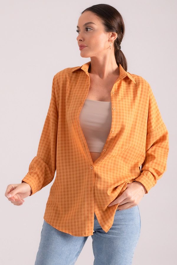 armonika armonika Women's Tan Square Pattern Oversize Long Basic Shirt