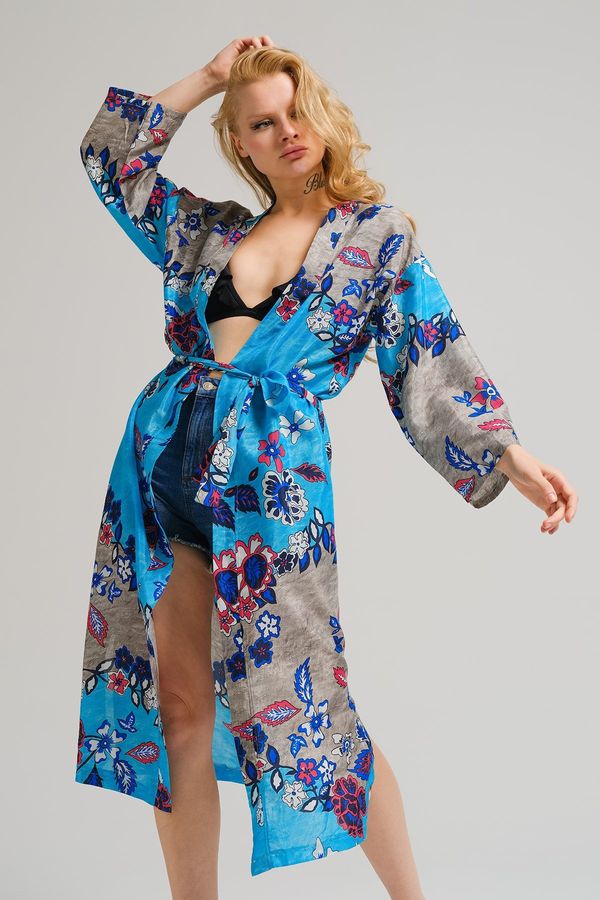 armonika armonika Women's Turquoise Patterned Long Kimono