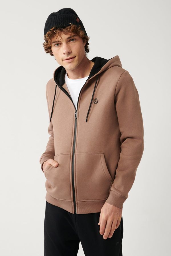 Avva Avva Light Brown Unisex Sweatshirt Hooded Inner Collar Fleece 3 Thread Zipper Regular Fit