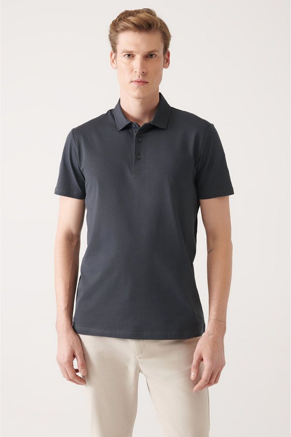 Avva Avva Men's Anthracite 100% Cotton Regular Fit 3 Button Roll-Up Polo Neck T-shirt