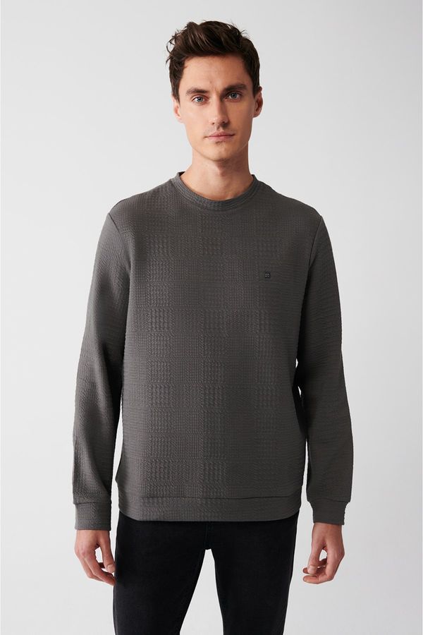 Avva Avva Men's Anthracite Crew Neck Cotton Jacquard Standard Fit Regular Cut Sweatshirt
