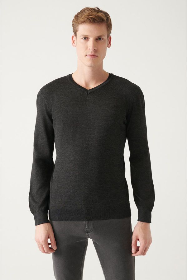 Avva Avva Men's Anthracite V Neck Wool Blended Regular Fit Knitwear Sweater