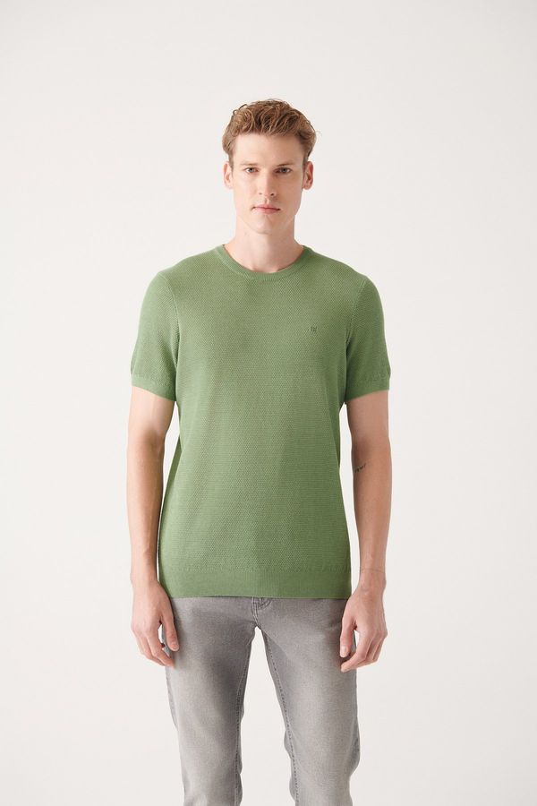 Avva Avva Men's Aqua Green Crew Neck Textured Ribbed Standard Fit Regular Cut Knitwear T-shirt