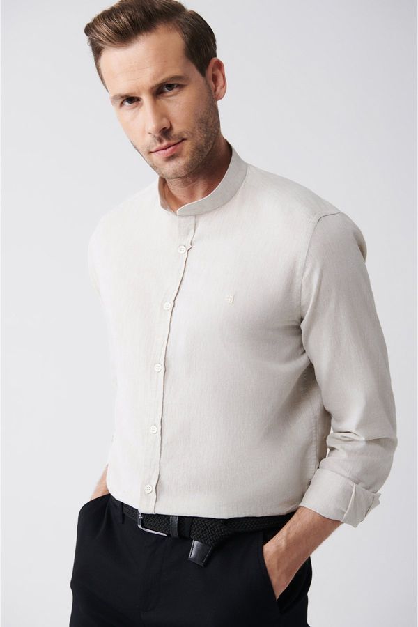 Avva Avva Men's Beige Big Collar Linen Blended Regular Fit Shirt