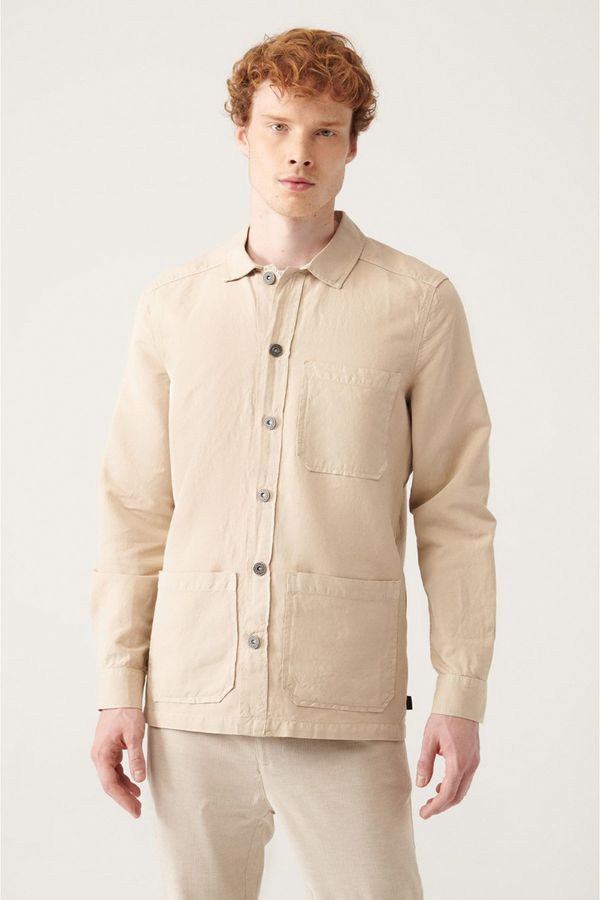 Avva Avva Men's Beige Plain Three Pocket Linen Jacket Shirt