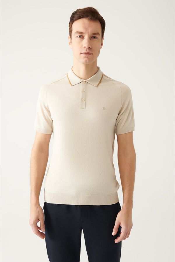 Avva Avva Men's Beige Polo Neck Shoulder Stripe Detailed Ribbed Regular Fit Knitwear T-shirt