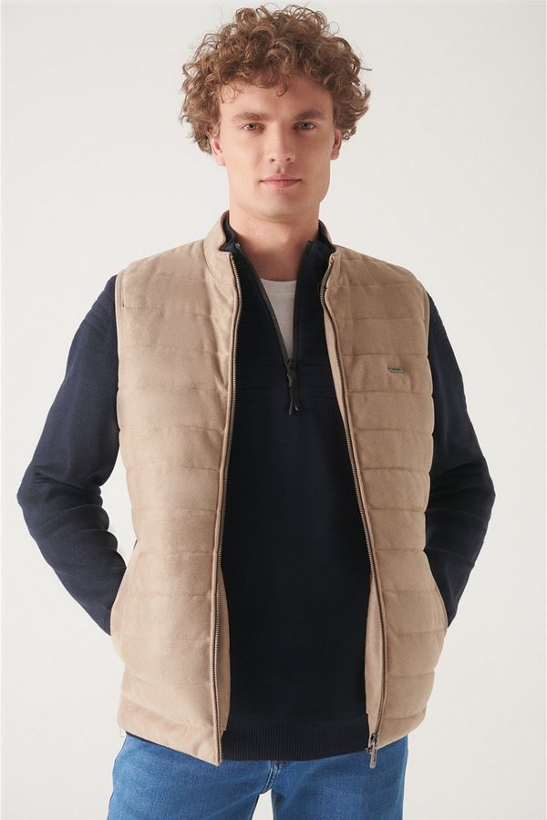 Avva Avva Men's Beige Stand-Up Collar Faux Suede Quilted Comfort Fit Comfortable Cut Inflatable Vest