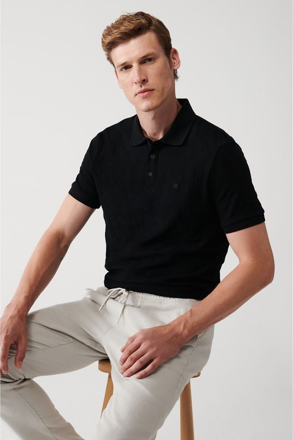 Avva Avva Men's Black 100% Cotton 3 Button Polo Neck Ribbed Standard Fit Regular Cut T-shirt