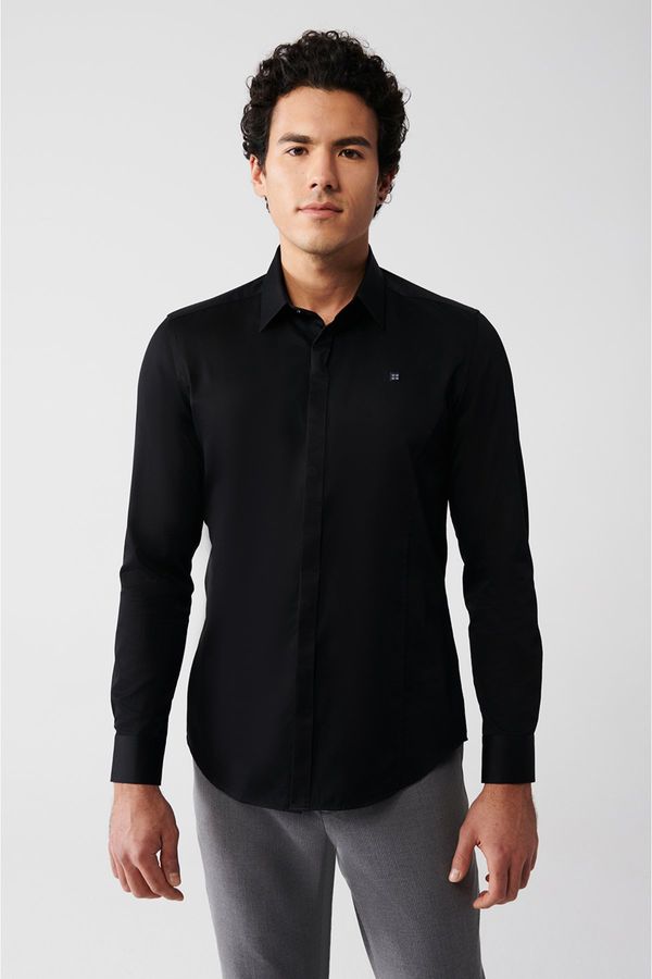 Avva Avva Men's Black 100% Cotton Classic Collar Slim Fit Slim Fit Satin Shirt