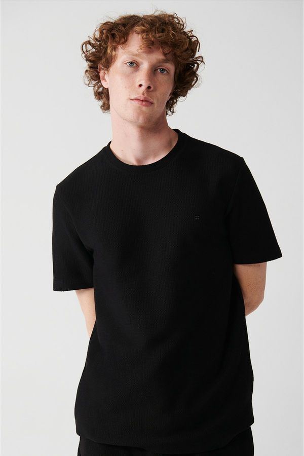 Avva Avva Men's Black 100% Cotton Crew Neck Jacquard Knitted Regular Fit T-shirt