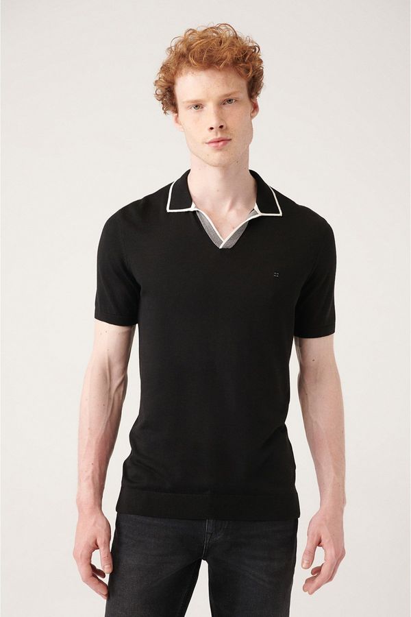 Avva Avva Men's Black Button Unbuttoned Polo Neck Paw Stripe Detailed Ribbed Regular Fit Knitwear T-shirt