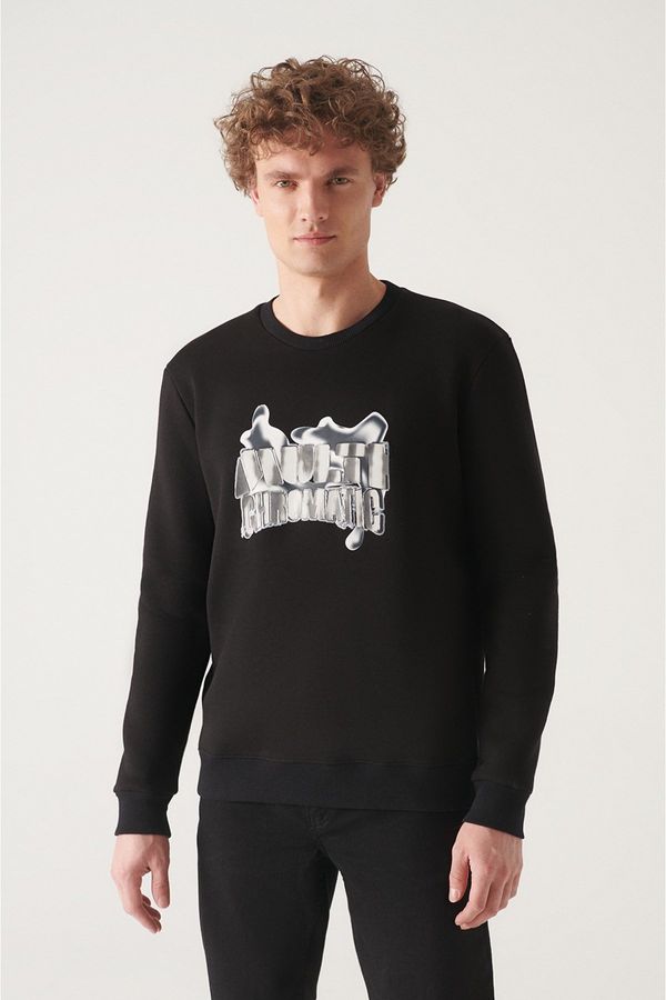 Avva Avva Men's Black Crew Neck 3 Thread Fleece Hologram Printed Standard Fit Regular Fit Sweatshirt