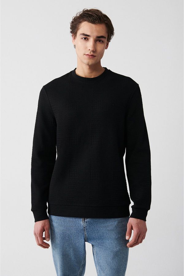 Avva Avva Men's Black Crew Neck Cotton Jacquard Regular Fit Sweatshirt