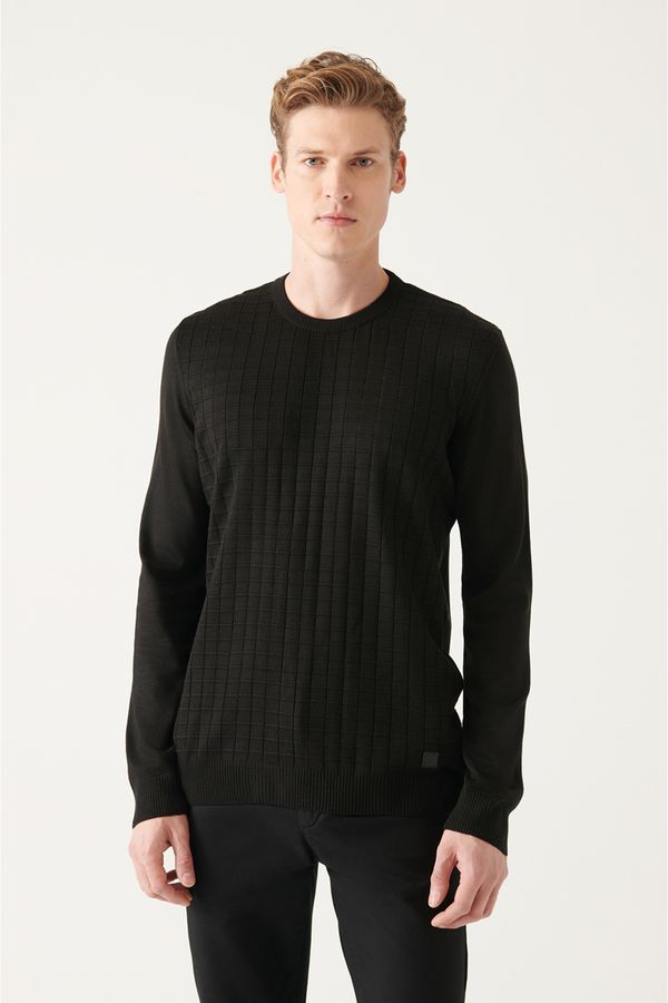 Avva Avva Men's Black Crew Neck Front Textured Regular Fit Knitwear Sweater