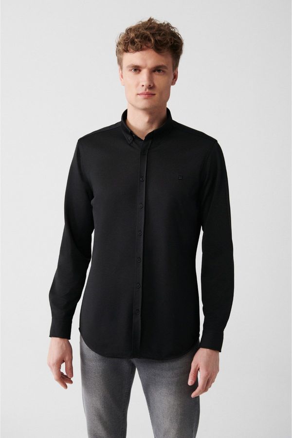 Avva Avva Men's Black Easy-Iron Button Collar Textured Knitted Slim Fit Narrow Cut Shirt