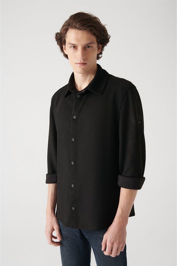 Avva Avva Men's Black Faux Suede Snap-On Comfort Fit Relaxed Cut Shirt