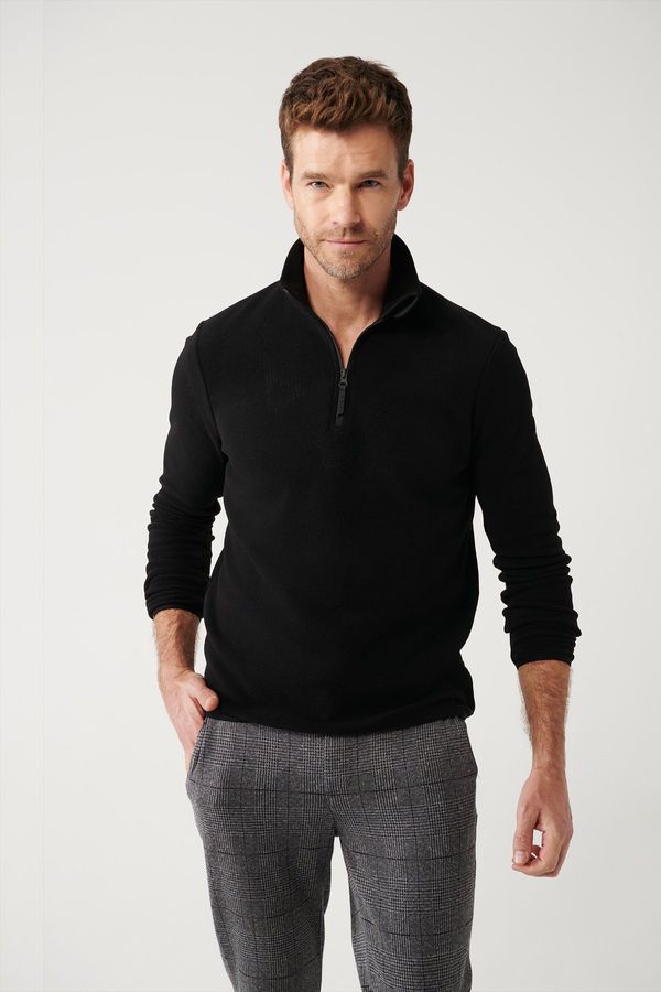 Avva Avva Men's Black Fleece Sweatshirt Stand Collar Cold Resistant Half Zipper Regular Fit