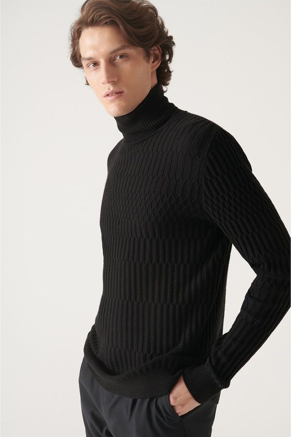 Avva Avva Men's Black Full Turtleneck Knit Detail Cotton Slim Fit Slim Fit Knitwear Sweater