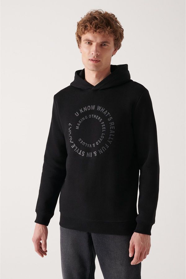 Avva Avva Men's Black Hooded 3 Thread Inner Fleece Printed Regular Fit Sweatshirt