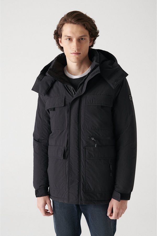 Avva Avva Men's Black Hooded Collar Fibrous Water Repellent Comfort Fit Comfortable Cut Coat