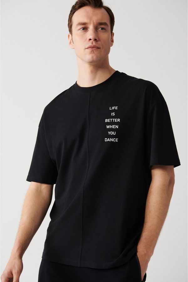 Avva Avva Men's Black Oversize 100% Cotton Crew Neck Slogan Printed T-shirt