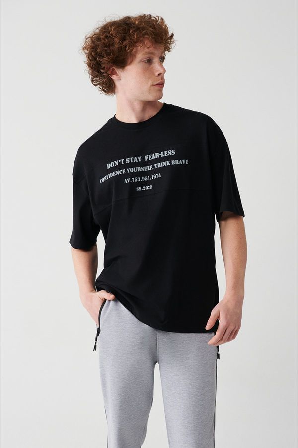 Avva Avva Men's Black Oversize 100% Cotton Crew Neck Text Printed T-Shirt