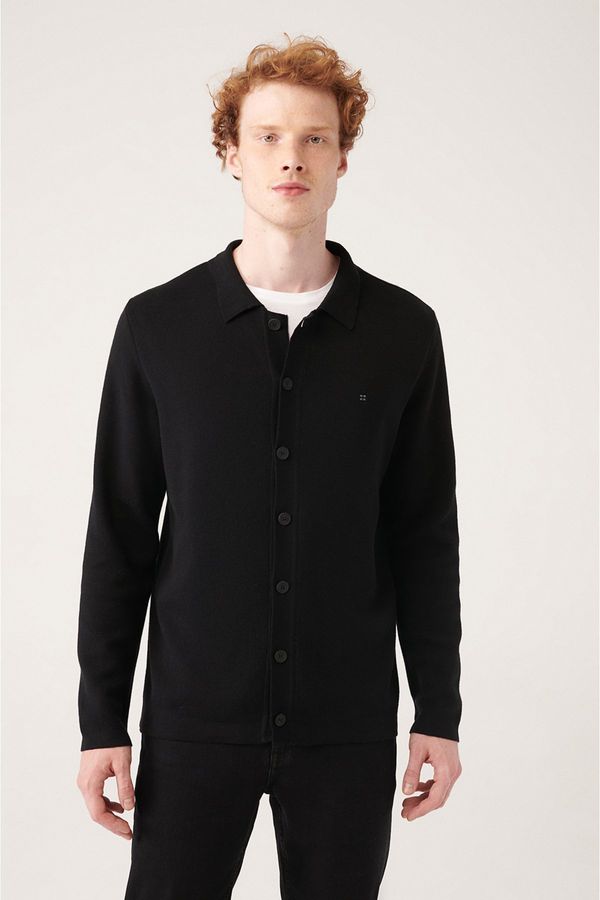 Avva Avva Men's Black Polo Collar Buttoned 100% Cotton Regular Fit Knitwear Cardigan