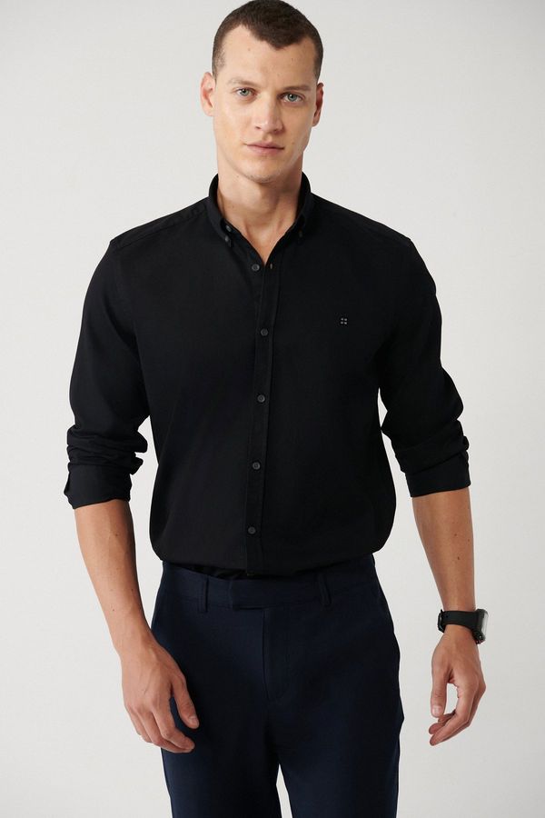 Avva Avva Men's Black Shirt Buttoned Collar Ribbed Velvet Regular Fit