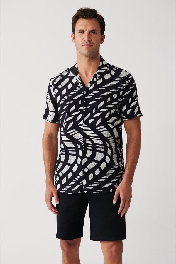Avva Avva Men's Black Viscose Cuban Collar Abstract Patterned Short Sleeve Regular Fit Shirt