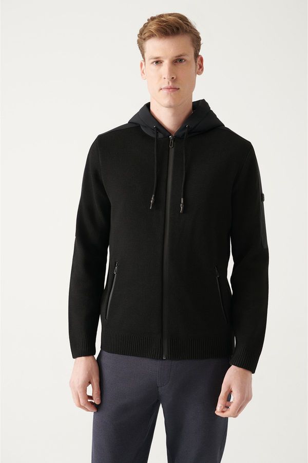 Avva Avva Men's Black Wool Blended Hooded Zippered Standard Fit Regular Cut Cardigan Coat