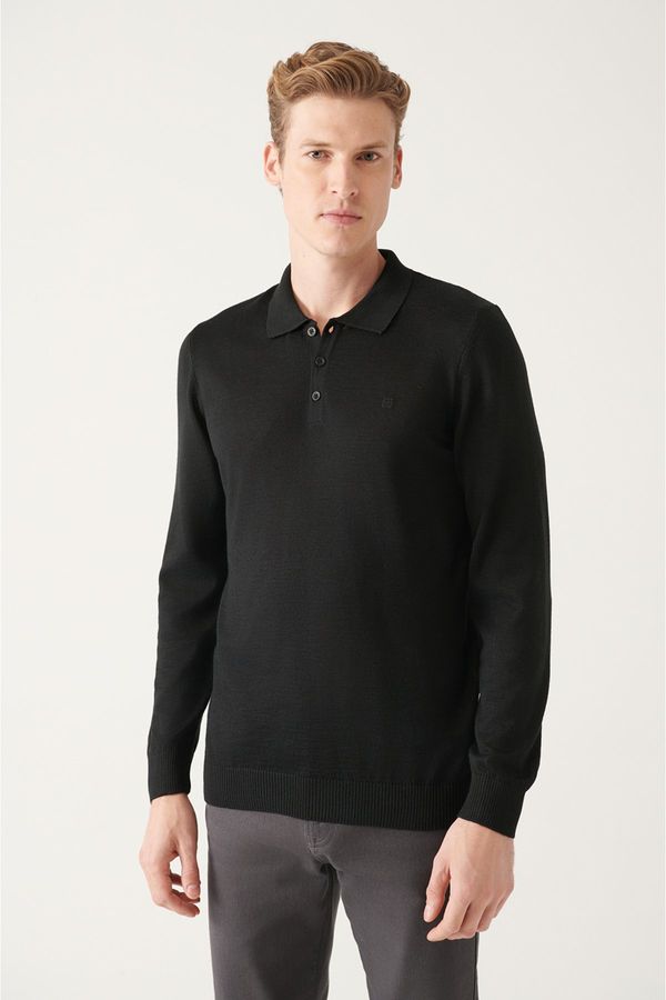 Avva Avva Men's Black Wool Blended Polo Collar Knitwear Sweater E 005017