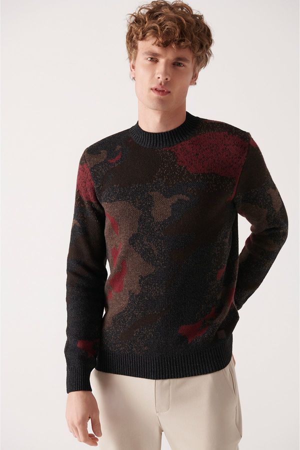 Avva Avva Men's Brown Crew Neck Jacquard Standard Fit Regular Cut Wool Sweater