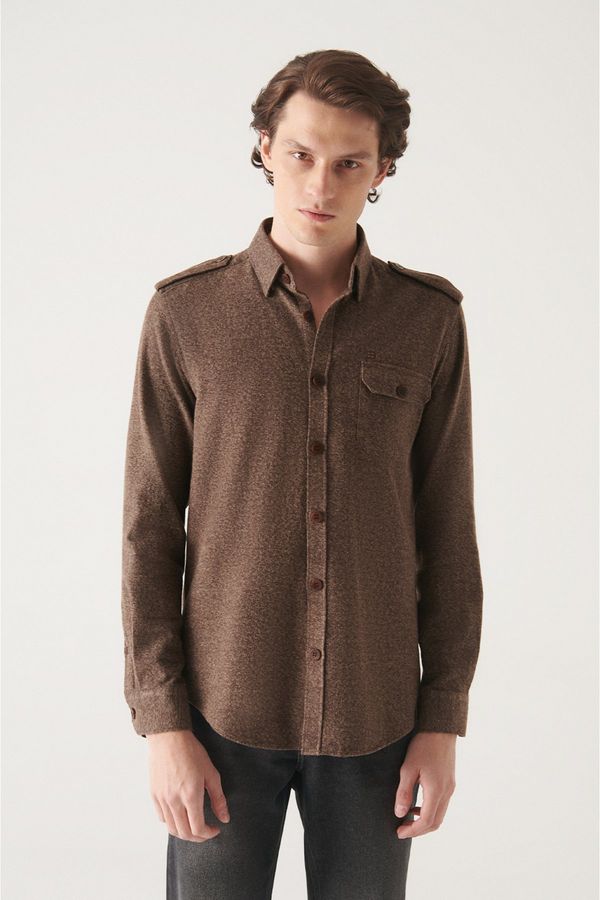 Avva Avva Men's Brown Epaulette Detailed 100% Cotton Regular Fit Shirt