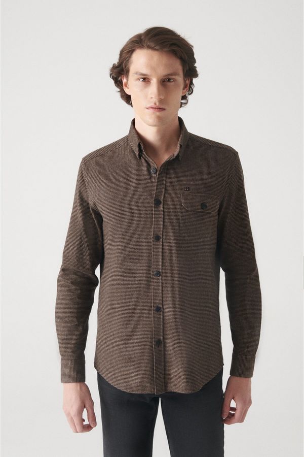 Avva Avva Men's Brown Patterned Pocket 100% Cotton Regular Fit Shirt