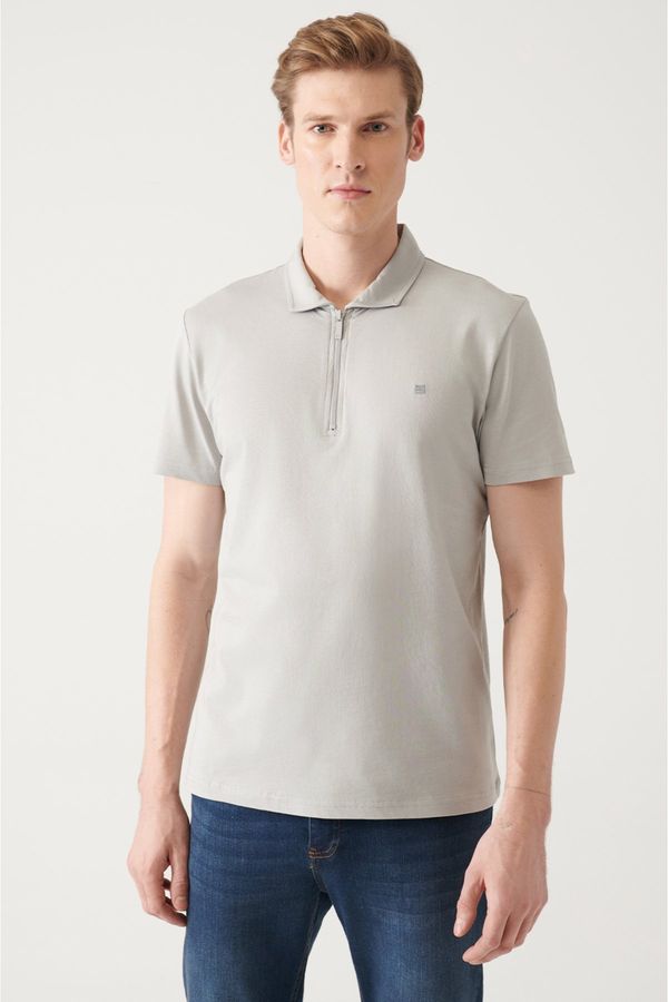 Avva Avva Men's Gray 100% Cotton Zippered Regular Fit Polo Neck T-shirt