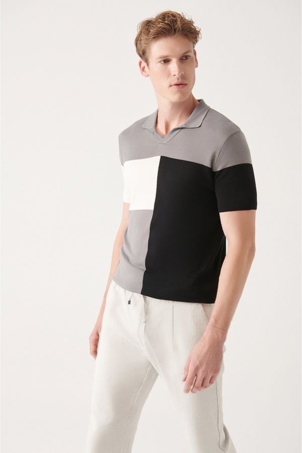 Avva Avva Men's Gray Cotton Buttonless Polo Neck Color Block Color Ribbed Regular Fit Knitwear T-shirt