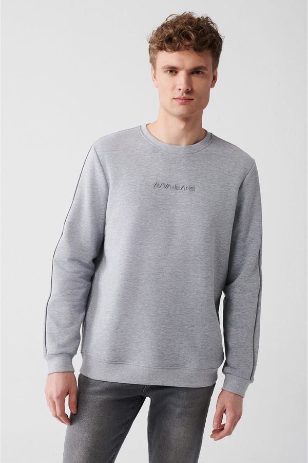 Avva Avva Men's Gray Crew Neck Cotton Reflective Piping Standard Fit Normal Cut Sweatshirt