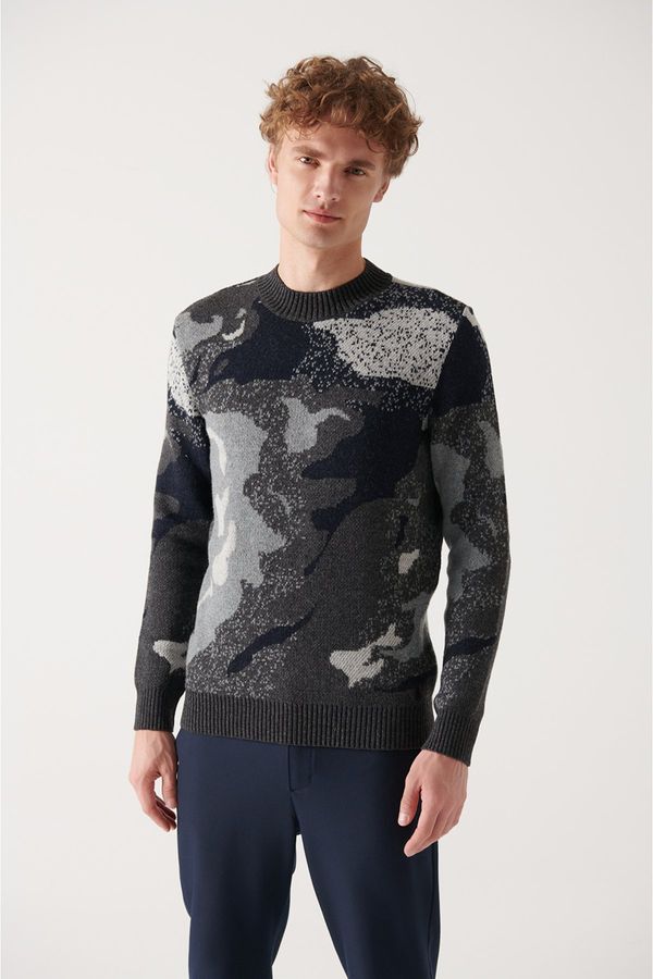 Avva Avva Men's Gray Crew Neck Jacquard Regular Fit Woolen Sweater