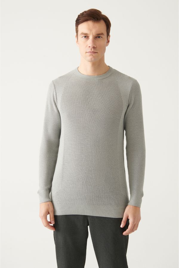 Avva Avva Men's Gray Crew Neck Jacquard Slim Fit Narrow Cut Knitwear Sweater