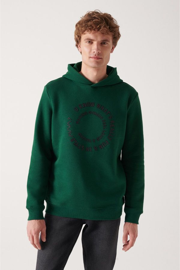 Avva Avva Men's Green Hooded 3 Thread Fleece Inside Printed Standard Fit Regular Cut Sweatshirt