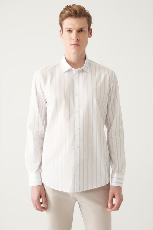Avva Avva Men's Grey-white 100% Cotton Striped Classic Collar Regular Fit Poplin Shirt