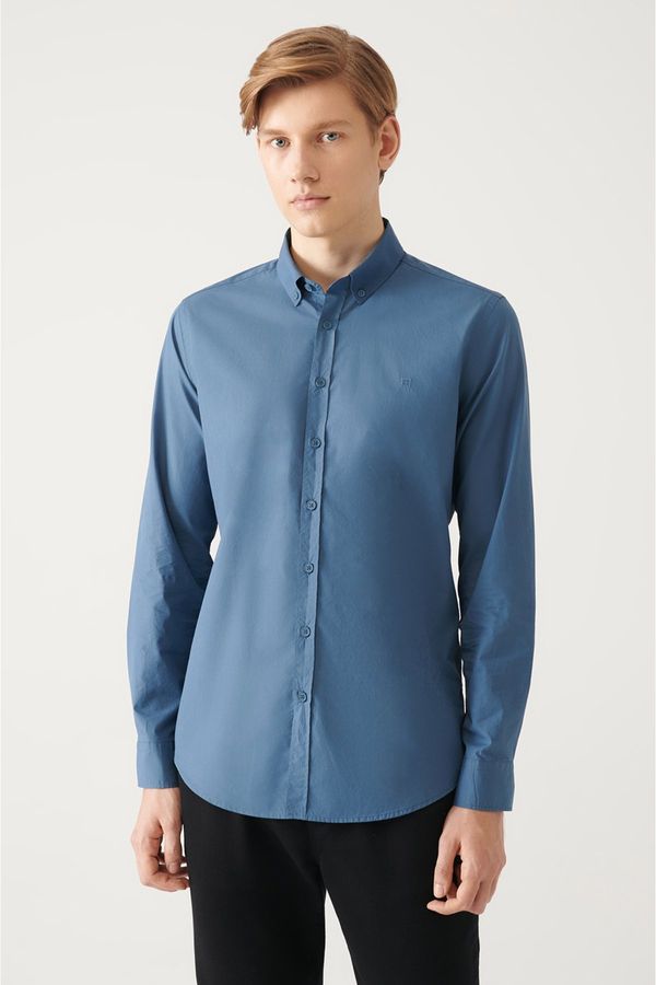Avva Avva Men's Indigo Buttoned Collar 100% Cotton Slim Fit Slim Fit Shirt