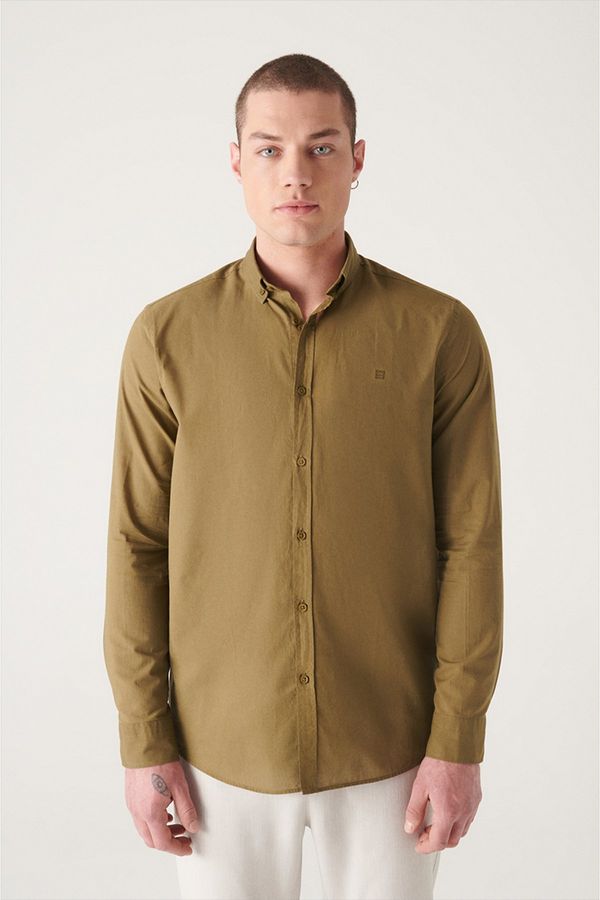 Avva Avva Men's Khaki 100% Cotton Thin Soft Button Collar Long Sleeve Standard Fit Regular Fit Shirt