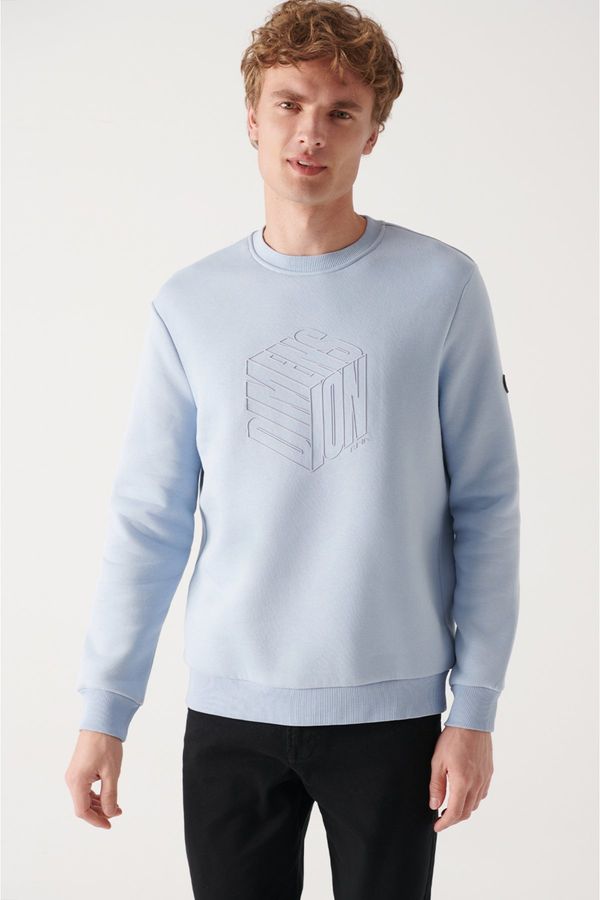 Avva Avva Men's Light Blue Crew Neck 3 Thread Fleece Inside Printed Standard Fit Regular Cut Sweatshirt