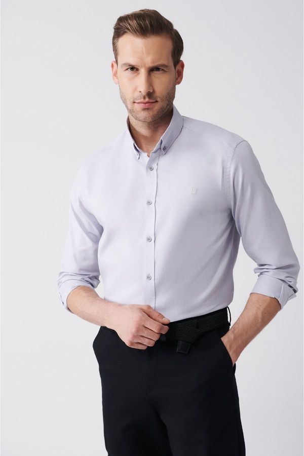 Avva Avva Men's Light Gray Oxford 100% Cotton Buttoned Collar Regular Fit Shirt