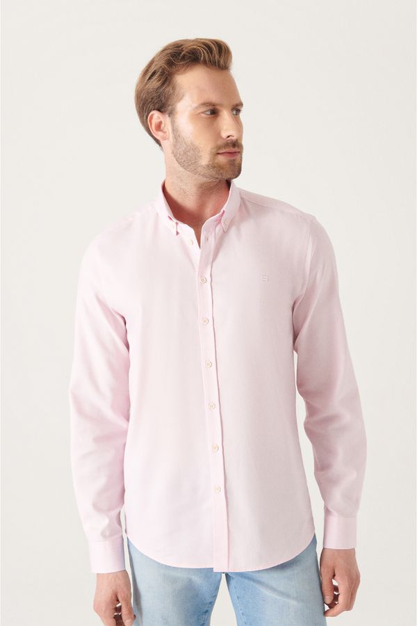 Avva Avva Men's Light Pink Oxford 100% Cotton Buttoned Collar Regular Fit Shirt