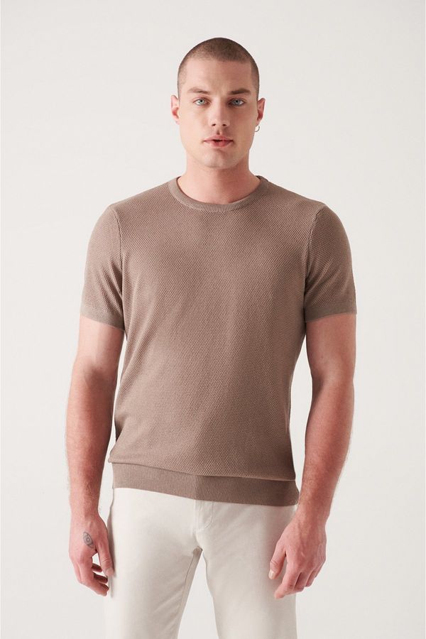 Avva Avva Men's Mink Crew Neck Textured Ribbed Standard Fit Normal Cut Knitwear T-shirt