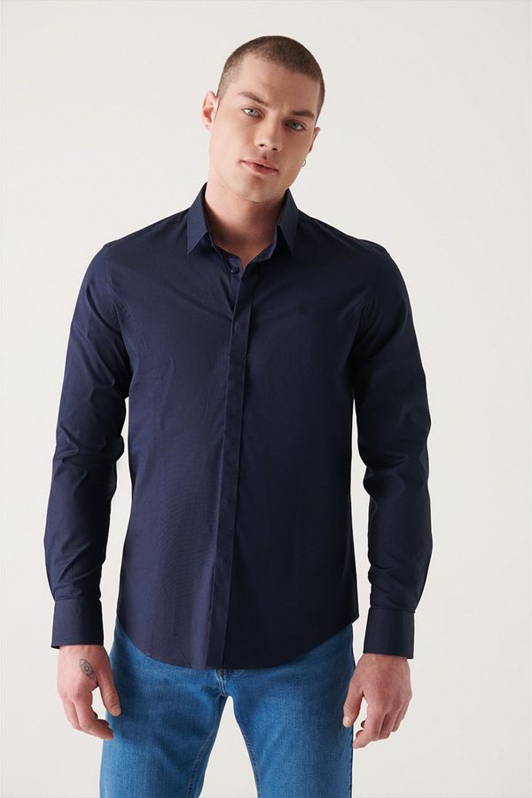 Avva Avva Men's Navy Blue 100% Cotton Satin Hidden Fly Slim Fit Slim Fit Shirt