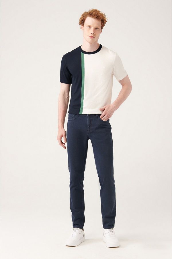 Avva Avva Men's Navy Blue 100% Cotton Standard Fit Regular Cut Jean Trousers