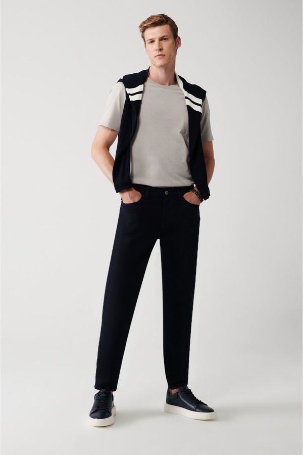 Avva Avva Men's Navy Blue Dobby 5-Pocket Slim Fit Slim Fit Canvas Flexible Trousers